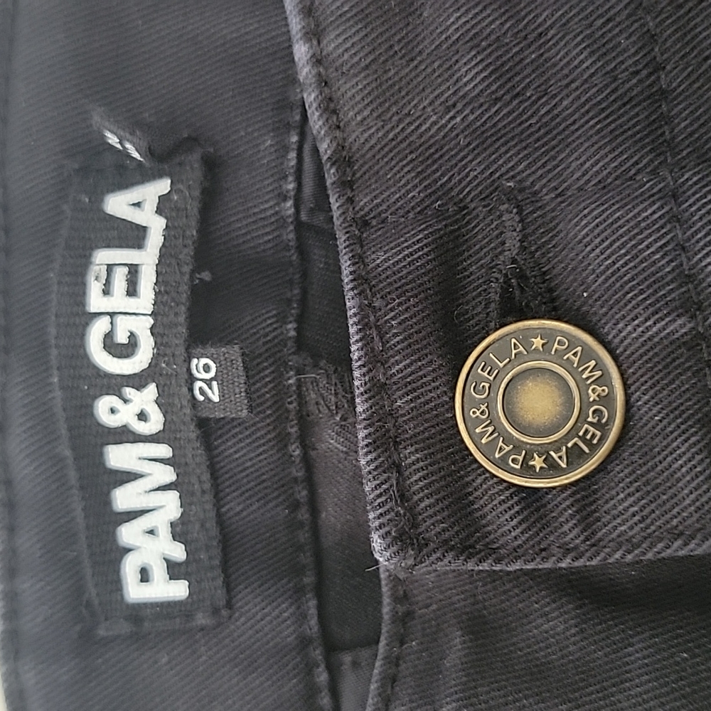 Pam & Gela black cargo jogger moto pants leopard and blue racer stripe size 26 - Picture 10 of 15